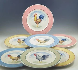 VINTAGE ITALIEN KERAMIK FRANZÖSISCHER HAHN SET 7 SALATTELLER, PASTELLFARBEN, HÄHNE - Bild 1 von 1