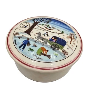 Villeroy & Boch 4" Porcelain Box Lid NAIF Christmas Scene Wagon Red Trim Laplau - Picture 1 of 7
