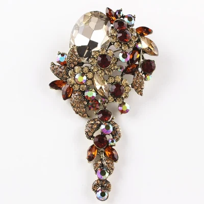 Elegant Flower Cluster Long Pendant Brooch Pin  Multi-color Rhinestone Crystal - Image 1 of 4