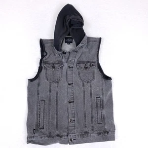 Rude Denim Vest Sleeveless Hoodie Jacket Size M Gray Grunge Skatecore Street Y2K - Picture 1 of 7