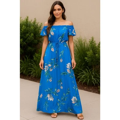 Jodi Kristopher 蓝色花卉长裙 M 露肩飘动袖波西米亚夏季 — 第 1/4 张图片