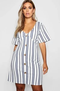 Boohoo Button Up Shift Dress Summer Sz 16 Striped White Navy Blue Lightweight - Picture 1 of 12