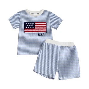 4th of July Toddler Baby Boy Outfit USA Flag Embroidery Stripe Waffle Knit Sh... - Picture 1 of 7