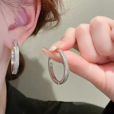 14k White Gold Plated Silver Huggie Hoop Earrings 2Ct Lab-Created Diamond Womens - Image 1 of 4