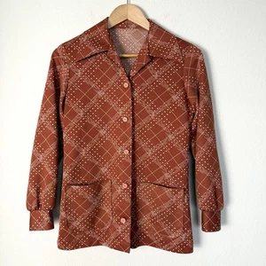 Vintage 70s Brown Plaid Button Up Blouse Size Medium Psychedelic Preppy Classic  - Picture 1 of 5