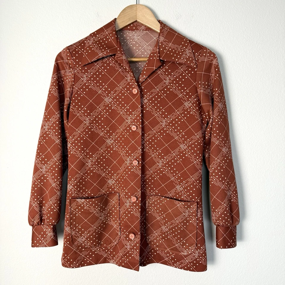 Vintage 70s Brown Plaid Button Up Top Womens Medium Psychedelic Preppy Classic - Image 1 of 4
