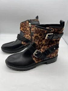 Nine West Aria Black Cheetah Print Ankle Boots Size 10 Biker Combat Buckle - Picture 1 of 7