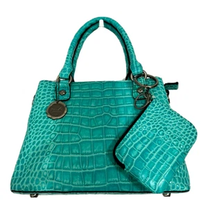 Patricia Nash Norcia Umhängetasche aus Leder mit Kroko-Prägung und Reißverschlusstasche - Aqua - Neu mit Etikett - Bild 1 von 6