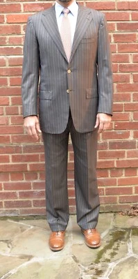 $8000 Kiton Blanc Blu Super 180s 14-Micron Medium Brown Pinstripe 3-Button Suit - Image 1 of 4