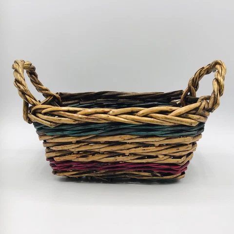 VTG Basket Holiday Woven Wicker with Handles Bread Christmas Brown Red Green Cover