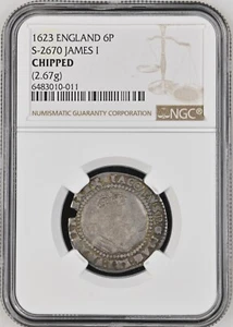 1623 Great Britain 6 Pence NGC Chipped Toned Silver Coin England James I - Picture 1 of 8