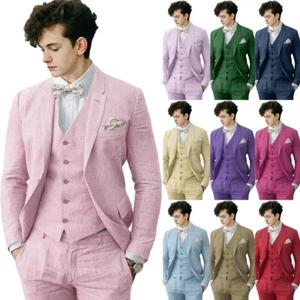 Boys 3 Pieces Linen Slim Fit Formal Suit Set Wedding Dresswear Outfit Tuxedo - Picture 1 of 41