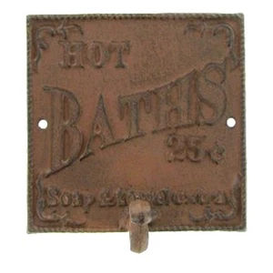Rustic 'HOT BATH' HOOK HANGER sturdy cast iron SIGN. Western  - Picture 1 of 3