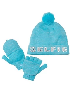 *NEW Girls Blue Sparkle Selfie Pom Hat & Gloves Set Size Small 4-7 - Picture 1 of 3