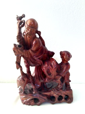 Estatuilla de madera roja grulla de dios de la longevidad shouxing chino Foto 1 de 4
