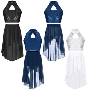 Kids Girls Leotard Contemporary Dress Show Crop Top With Skirt Tulle Outfit - Picture 1 of 32