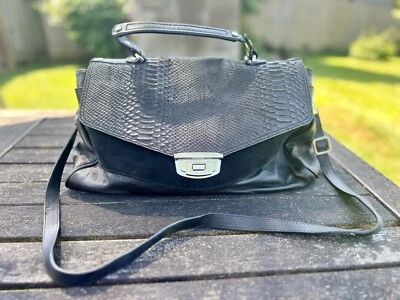 Large Cross Body Satchel with faux Crocodile Feature Black Leather & Suede - Image 1 of 4