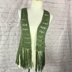 boutique Umgee Olive green Crochet Vest with Fringe sz small boho western - Picture 1 of 8