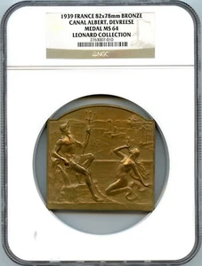 BELGIUM 1939 ART DECO CANAL ALBERT BRONZE MEDAL BY DEVREESE 82MM X 78MM NGC MS64 - Picture 1 of 3