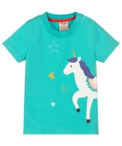 Frugi Girl's Short Sleeve Unicorn Avery Applique Top – Pacific Aqua (Imperfect) - Picture 1 of 3