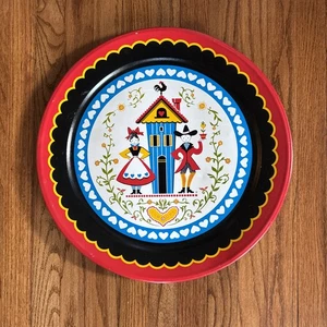 Vtg Pennsylvania Dutch Folk 19-1/8” Round Metal Serving Tray Party Amish Decor - Picture 1 of 15