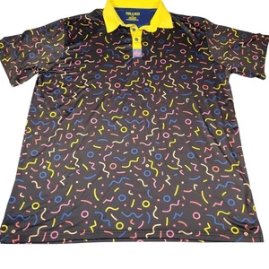 Pins & Aces Shirt Mens 2XL Black Yellow Golf Polo All Over Abstract Retro Print - Picture 1 of 5