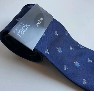 Nordstrom Rack Tie Mens 100% Silk Hanukkah Menorah Dreidel Embroidered Print NWT - Picture 1 of 6