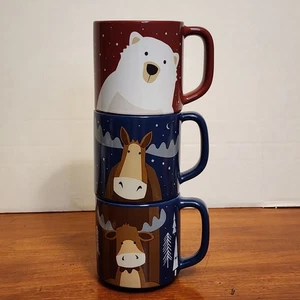 Tazas de café apilables Tim Hortons 2019 Moose Bear 16 oz azul rojo (juego de 3) - usadas en excelente estado - Imagen 1 de 7