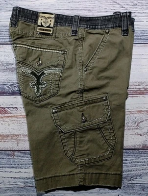 ROCK REVIVAL SZ 40 (42W) EMBROIDERED BUTTON PKTS OLIVE/BLACK CARGO SHORTS EUC  - Image 1 of 4
