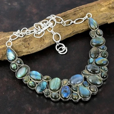 Flashy Labradorite Statement Necklace 925 Sterling Silver Handmade Adjustable - Image 1 of 4
