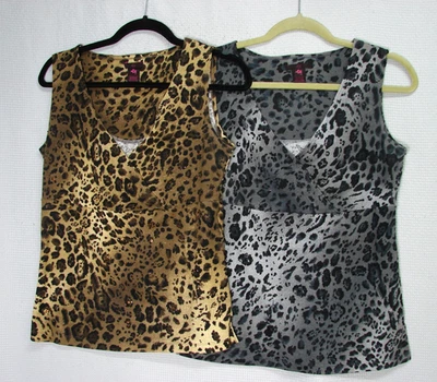 Lote 2 Camisetas sin Mangas Babydoll Tejidas Marrón Gris Estampado Animal Cuentas Lentejuelas Y2K Mob Esposa Foto 1 de 4