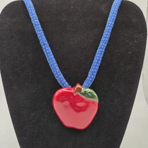 Vtg Flying Colors Hand Painted Ceramic Red Apple Pendant Necklace Blue Cord - Picture 1 of 13