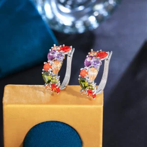 Cubic Zircon Hoop Earrings Silver Plated Multicolor Circle Drop Cluster Jewelry - Imagen 1 de 17