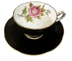 Adderley Cup & Saucer Black Floral Bone China Staffordshire England Vintage - Picture 1 of 7