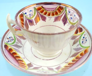 Antique Cup & Saucer Soft Paste Porcelain Pink Luster Sunset 1830 Staffordshire - Picture 1 of 7