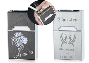 Zigarettenetui mit Feuerzeug + Gravur nach Wunsch + USB Kabel Box, Etui 2 Farben - Picture 1 of 12