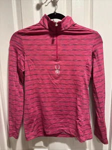 SPYDER  1/4 Zip Bright Pink Striped Pullover Mock Neck Pullover Shirt Large Girl - Picture 1 of 4
