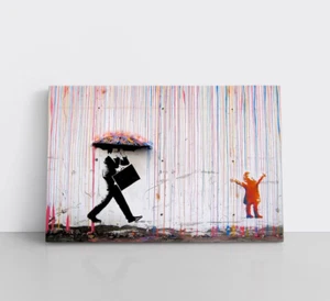 Impresión de pintura de niña feliz lluvia colorida Banksy en lienzo enmarcado arte de pared - Imagen 1 de 11