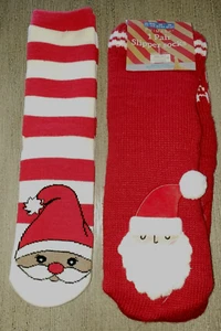2 NEW PAIR RED CHRISTMAS WINTER SOCKS SLIPPERS GRIPPER BOTTOMS SANTA POM POMS - Picture 1 of 1