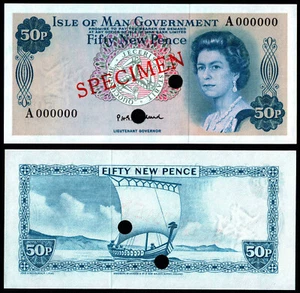 ISLE OF MAN 50 PENCE STALLARD (P28as) QEII PREFIX A 000000  SPECIMEN UNC - Picture 1 of 1