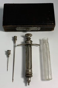 Vintage Antique Medical / Veterinary Glass & Metal Chrome Syringe w/ Extras - Picture 1 of 12