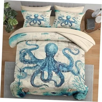 Comforter Set Size, Octopus Beach 7 Pcs Bedding for Kids King Vintage Octopus - Image 1 of 4
