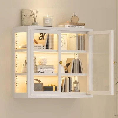 Lighted Wall Mounted Display Cabinet Steel Kitchen Storage Organizer Glass Door - Image 1 of 4