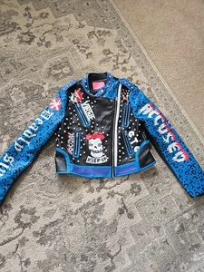 Azalea Wang Stud Moto Jacket Vegan Leather Blue World Graphics Sz Med - Picture 1 of 9