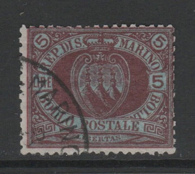 San Marino 1894 5L Coat of Arms Sc 24 VF Used CV $450 - image 1 of 2