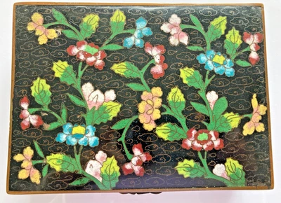 ANTIGUA CAJA BARATIJA CHINA CLOISONNE ESMALTE AZUL TAPA GRANDE 6,13 X 4,5 PULGADAS Foto 1 de 4