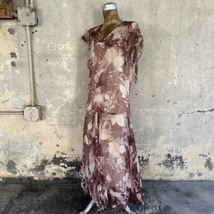 Maxi Vestido Vintage Años 1920 30 Marrón Estampado Floral Seda Gasa Capa Art Deco - Imagen 1 de 11