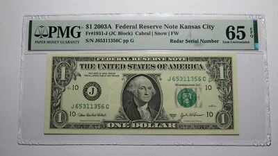 $1 2003 Radar Serial Number Federal Reserve Currency Bank Note Bill PMG UNC65EPQ - Image 1 of 3