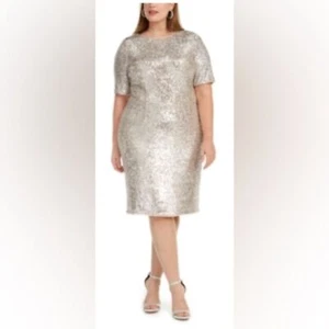 Adrianna Papell 16W Silver Sequin Over Tan Liner Short Sleeve Crew Neck Dress - Picture 1 of 10