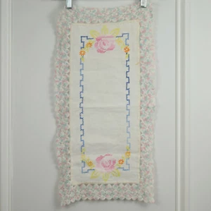 Cross Stitch Shelf Dresser Centerpiece Scarf Rectangle Floral Hand Embroidery - Foto 1 di 10